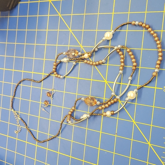 La Ti Da Handmade Creations Jewelry - Brown White Pearl Beaded Silver Accented 24" Short Strand of 3 Strands & Earring